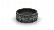 8 mm Wide Unique Design Bridal Gothic Skull Wedding Ring, Punk Style Biker Ring, Black CZ Sterling silver, Anniversary Ring, Eternity Band