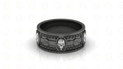 8 mm Wide Unique Design Bridal Gothic Skull Wedding Ring, Punk Style Biker Ring, Black CZ Sterling silver, Anniversary Ring, Eternity Band
