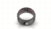 8 mm Wide Unique Design Bridal Gothic Skull Wedding Ring, Punk Biker Ring, Birthstone July Ruby gemstone ring, Sterling Silver, Anniversary
