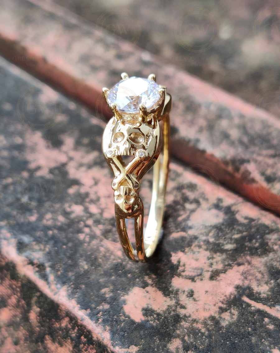 Silver and Solid Gold Round Moissanite Skull Engagement Ring, Gothic Wedding rings, unique skull design, solitaire women ring