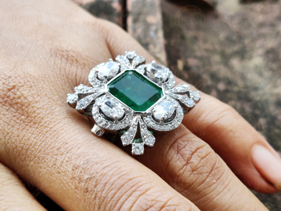 7.15 Tcw Vintage Emerald Estate Ring For Women, Cocktail Ring, Sterling Silver, Art Deco Engagement Ring, Jewelry for her