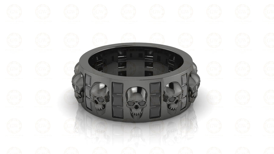 8 mm Wide Unique Gothic Skull Wedding Band, Full Eternity Ring, Simulated Diamond, Sterling silver, Anniversary Ring, Band for Mens & Women