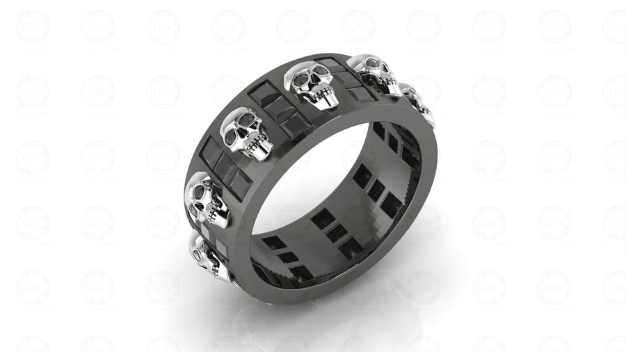 8 mm Wide Unique Gothic Skull Wedding Band, Full Eternity Ring, Simulated Diamond, Sterling silver, Anniversary Ring, Band for Mens & Women