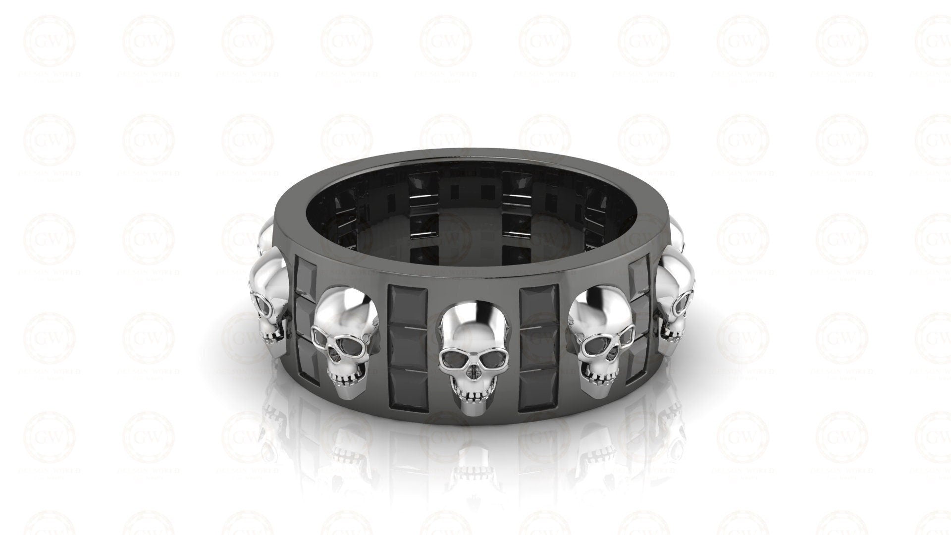 8 mm Wide Unique Gothic Skull Wedding Band, Full Eternity Ring, Simulated Diamond, Sterling silver, Anniversary Ring, Band for Mens & Women