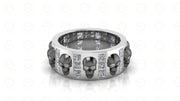 8 mm Wide Unique Gothic Skull Wedding Band, Full Eternity Ring, Simulated Diamond, Sterling silver, Anniversary Ring, Band for Mens & Women