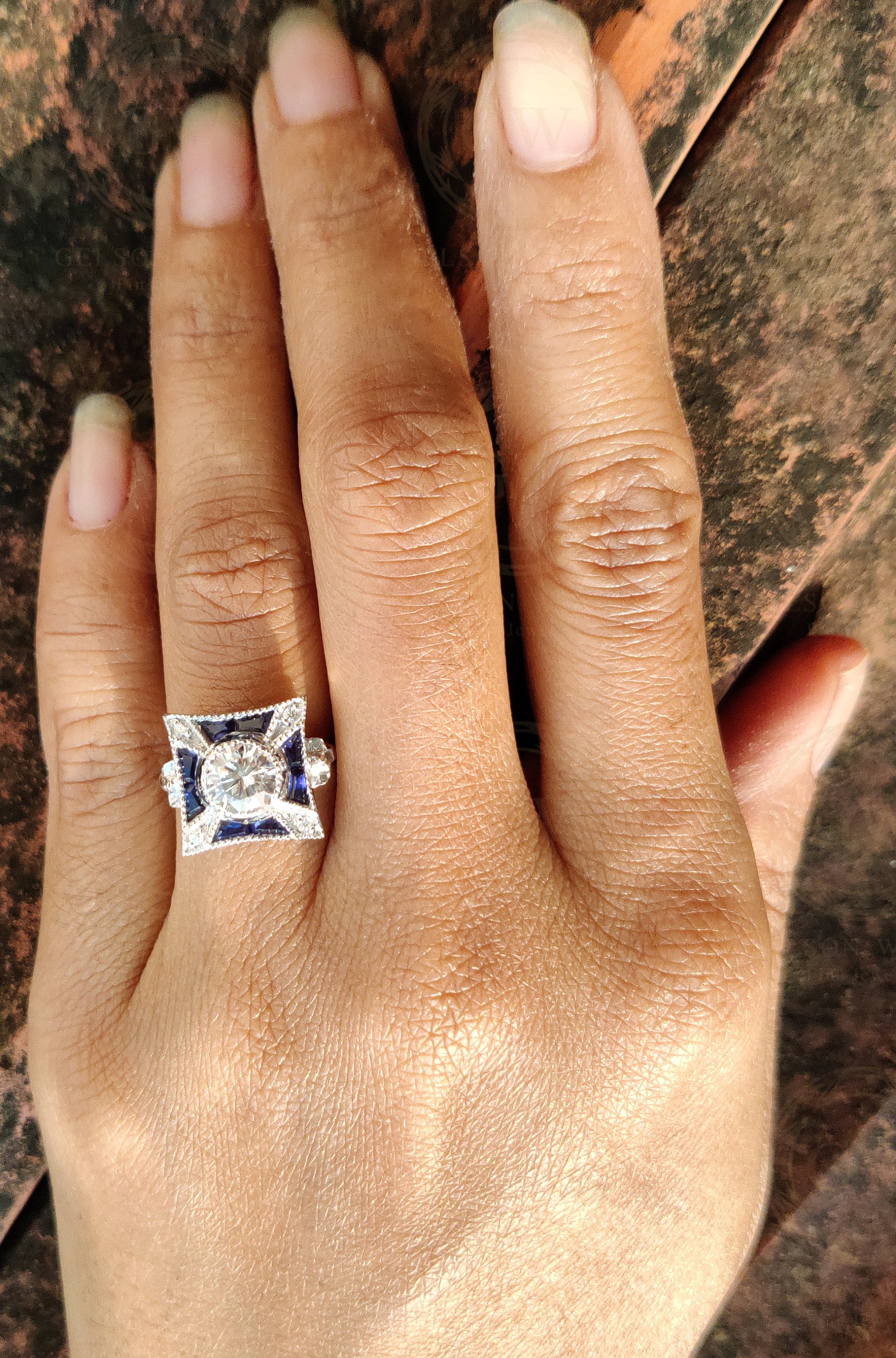 1.50 Ct Art Deco Vintage Engagement Ring, Round Diamond Simulant & Baguette Blue Sapphire Antique Women Ring, Wedding Ring, Promise Ring