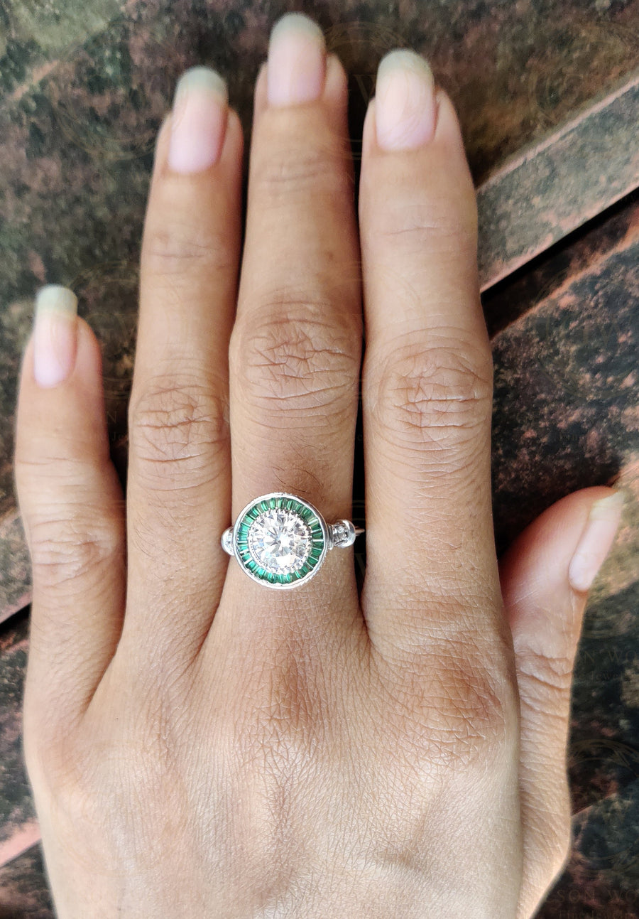 2.00 Ct Round Cut and Green Baguette Art Deco Engagement Ring, Emerald Gemstone Vintage Halo Ring for women, Anniversary Silver Estate Ring
