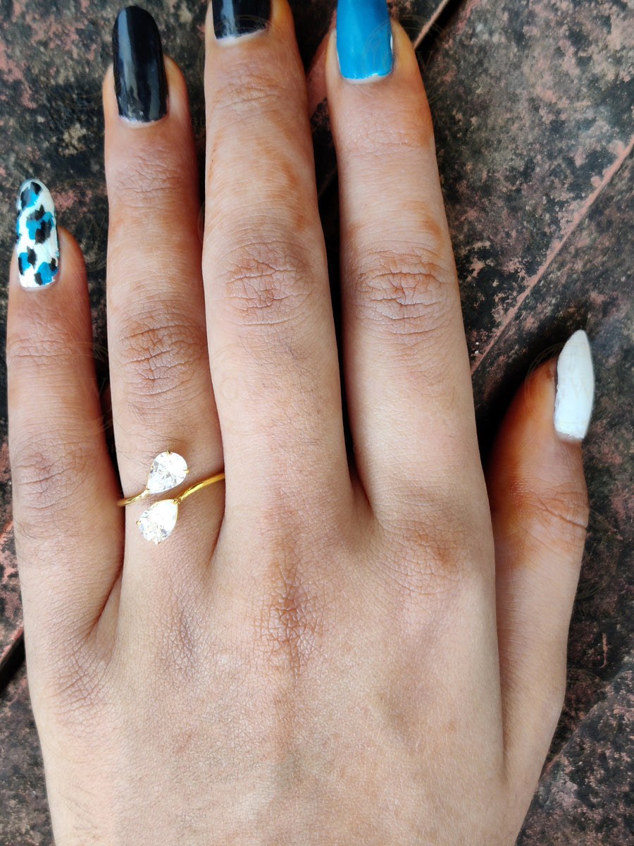 Dual stone pear Moissanite Diamond open ring,  2 Stone cross over Style, 14k Solid Gold Ring, Minimalist Ring, Stacking Women Ring