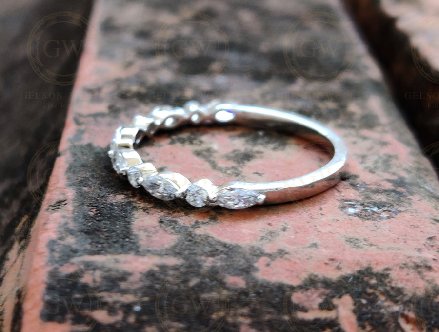 Alternating Round And Marquise Moissanite Wedding Bands Women, Floating Bubble Band, Shared Single Prong Band, Half Eternity Stacking Ring