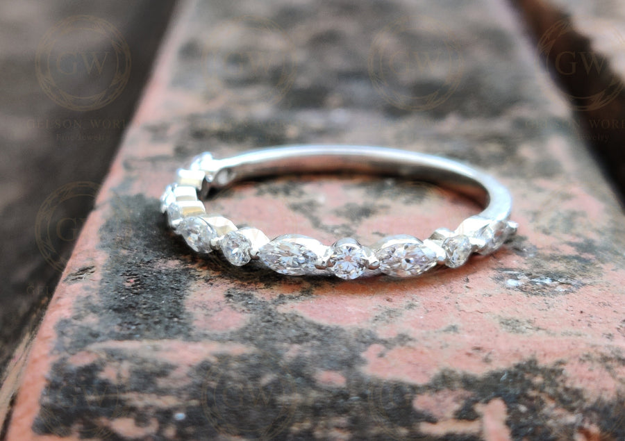 Alternating Round And Marquise Moissanite Wedding Bands Women, Floating Bubble Band, Shared Single Prong Band, Half Eternity Stacking Ring