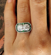 Toi et Moi Ring / Art deco Moissanite Engagement Ring / Estate Jewelry / Emerald Engagement Ring / Antique Rings / Vintage Engagement Ring