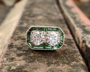 Toi et Moi Ring / Art deco Moissanite Engagement Ring / Estate Jewelry / Emerald Engagement Ring / Antique Rings / Vintage Engagement Ring