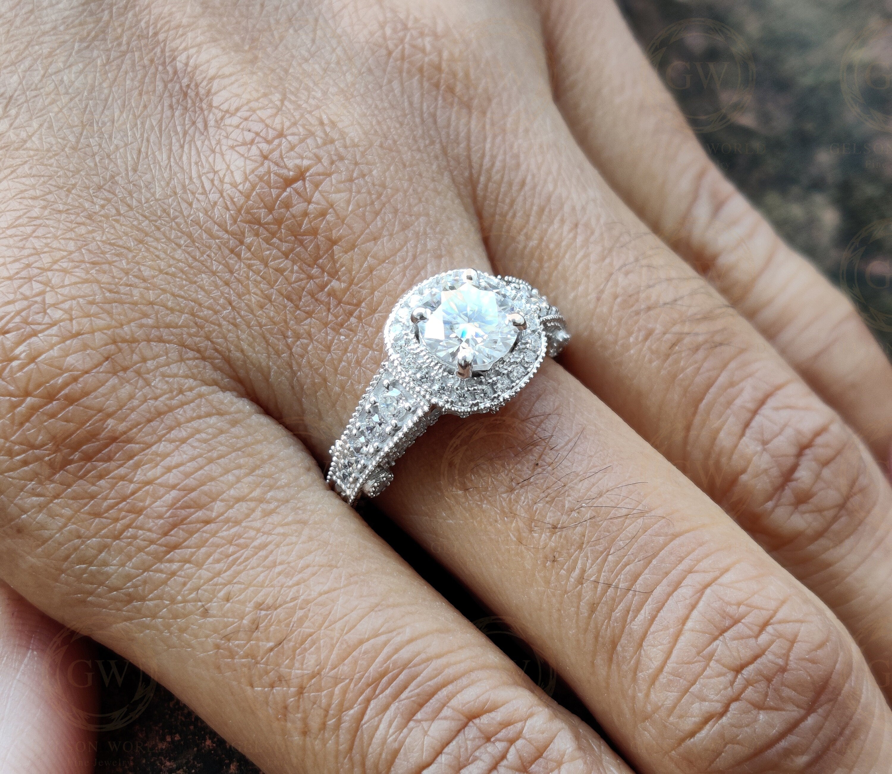 2.30 Ct round moissanite Vintage Halo engagement ring, Sterling Silver Ring, Estate Jewelry, Antique wedding women ring