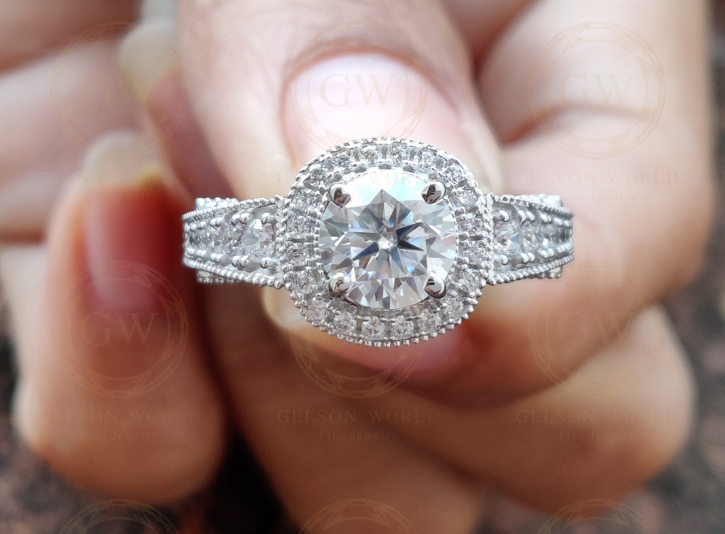 2.30 Ct round moissanite Vintage Halo engagement ring, Sterling Silver Ring, Estate Jewelry, Antique wedding women ring