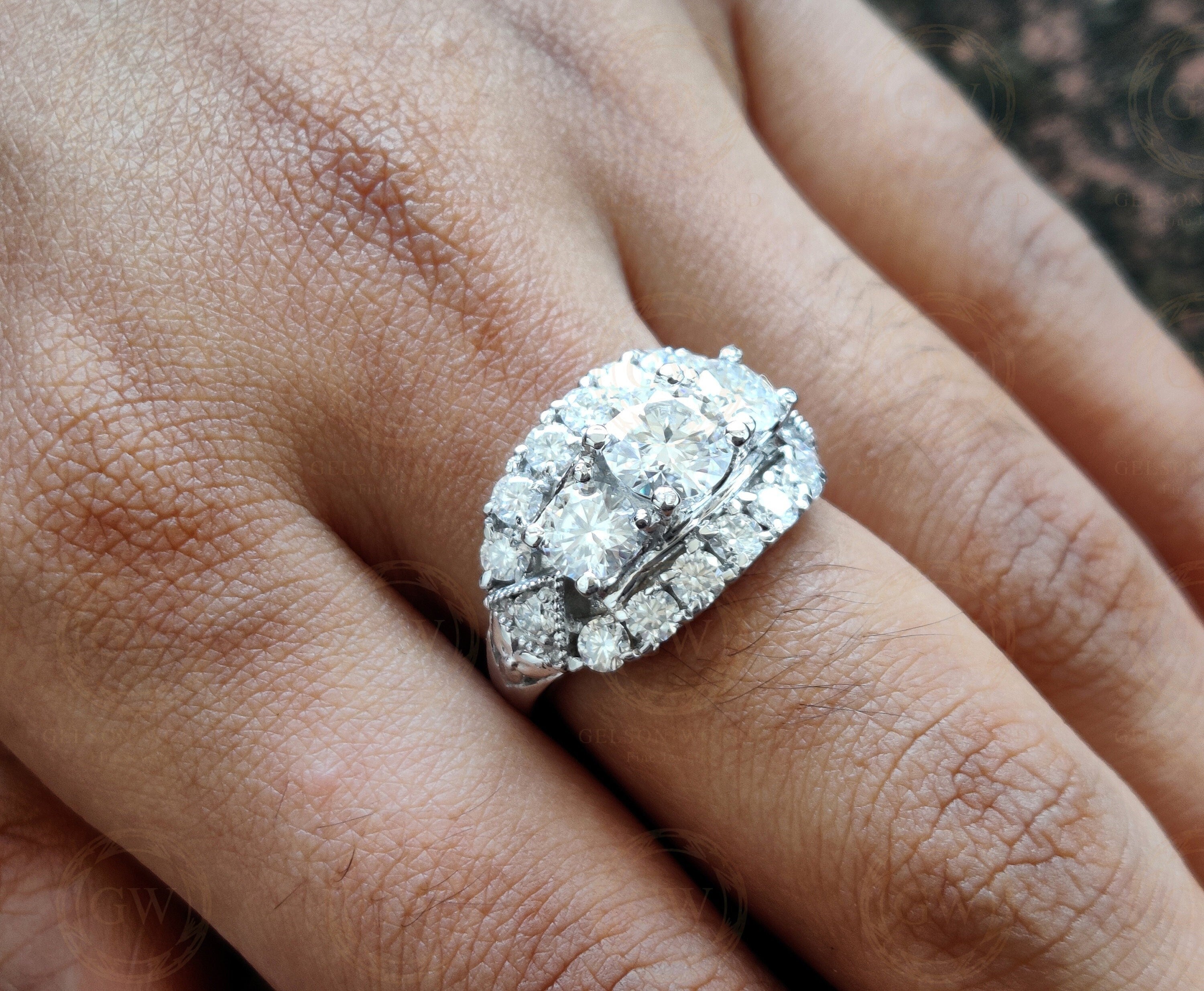 3 Ct Round Moissanite Diamond 3 stone Vintage Anniversary Wedding Ring, 925 Sterling Silver, Stacking rings, Women wedding band