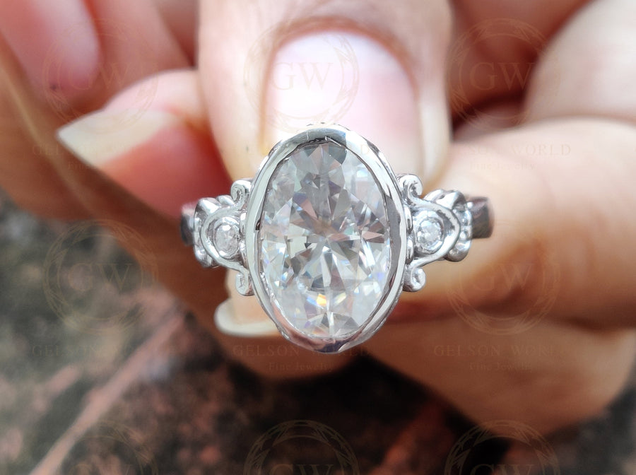 Antique Estate Bezel Moissanite Large Oval Engagement Ring In 925 Sterling Silver For Women