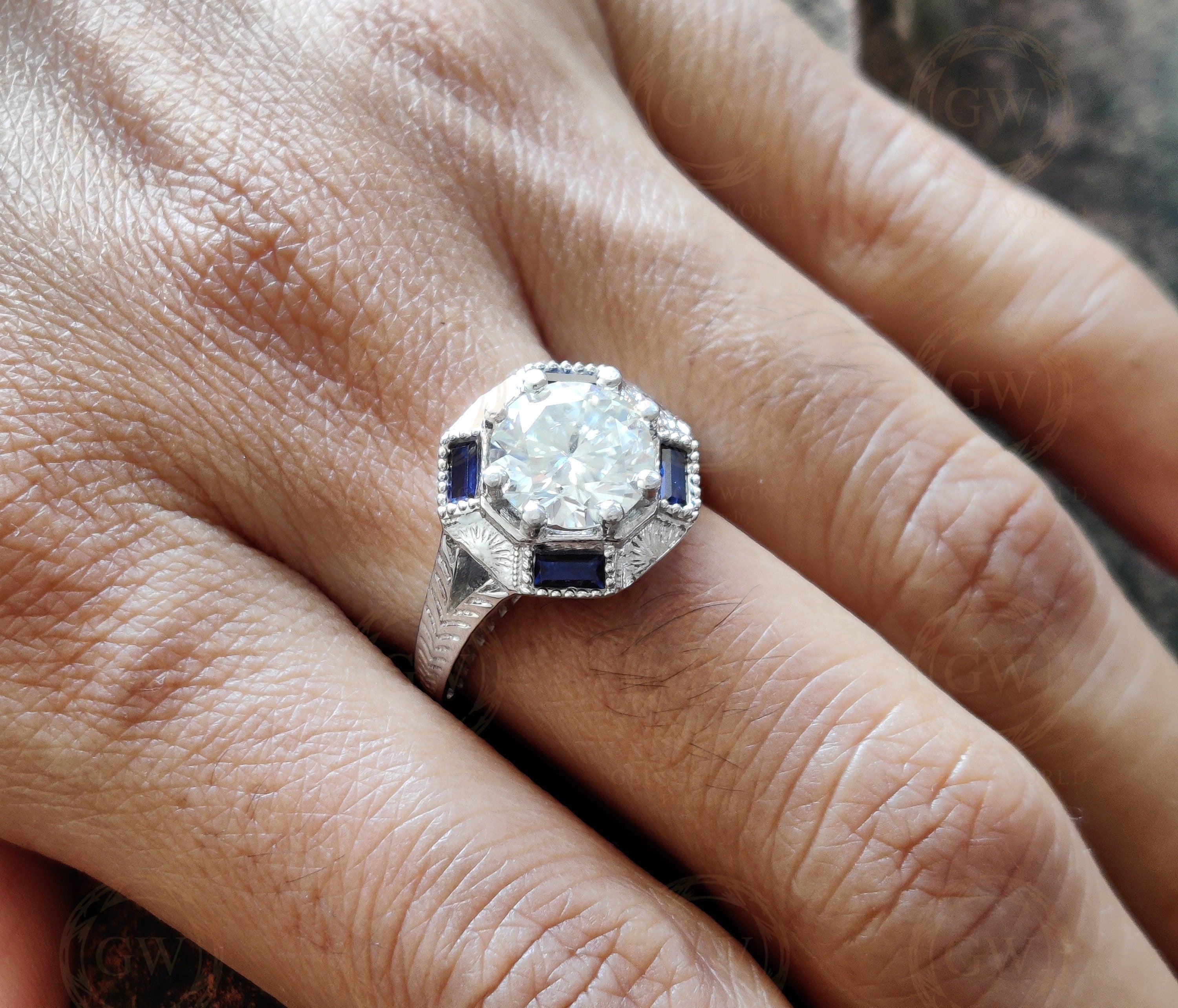 Vintage Engagement Ring, Round Moissanite Ring, Art deco Antique Style ring, Wedding Ring, Promise Ring for Her, Sapphire Baguette Ring