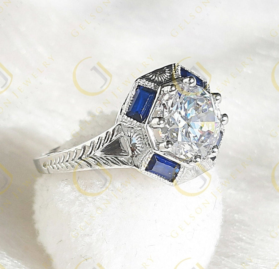 Vintage Engagement Ring, Round Moissanite Ring, Art deco Antique Style ring, Wedding Ring, Promise Ring for Her, Sapphire Baguette Ring