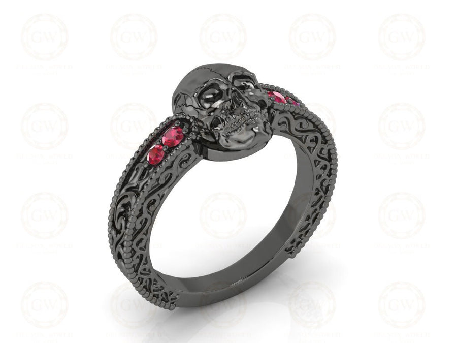 Unique Ruby Gothic Skull Vintage Engagement Ring, July Birthstone gemstone Ring, Skull Women Wedding ring, 925 Sterling Silver