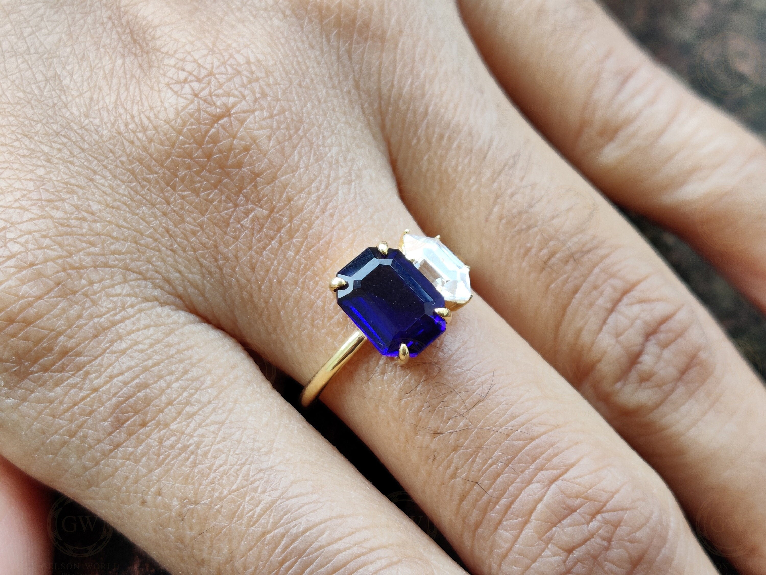 Toi Et Moi Ring, 2 Stone Engagement Ring, Sterling Silver Wedding Ring, Blue Emerald Sapphire & Duchess Cut Ring, Anniversary Women ring