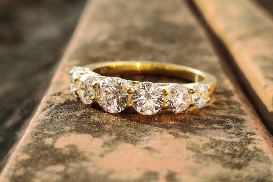 7 Stone 14K Gold Classic Trellis Engagement Ring, Round Moissanite Minimalist ring, Anniversary Gift for Her, Bridal Wedding Jewelry