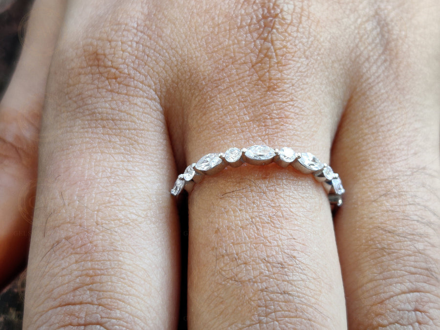 Alternating Round And Marquise Moissanite Wedding Bands Women, Floating Bubble Band, Shared Single Prong Band, Half Eternity Stacking Ring