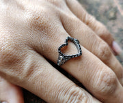 Open heart ring, Hollow heart shape ring, Gothic Skull Women Ring, Two Skull bride wedding engagement promise ring for women, 925 Silver