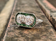 Toi et Moi Ring / Art deco Moissanite Engagement Ring / Estate Jewelry / Emerald Engagement Ring / Antique Rings / Vintage Engagement Ring