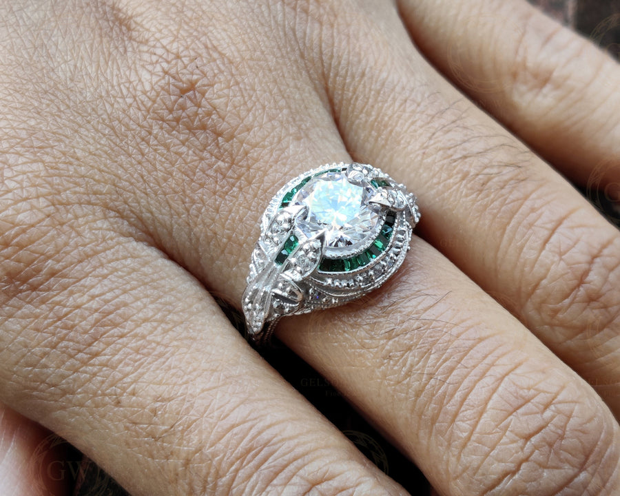 3.50 Ct Round Moissanite Art deco Vintage Engagement Ring, Sterling Silver Ring, Emerald Baguette Estate Jewelry, Antique Women Ring