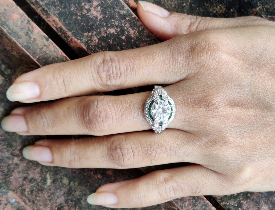 3.50 Ct Round Moissanite Art deco Vintage Engagement Ring, Sterling Silver Ring, Emerald Baguette Estate Jewelry, Antique Women Ring