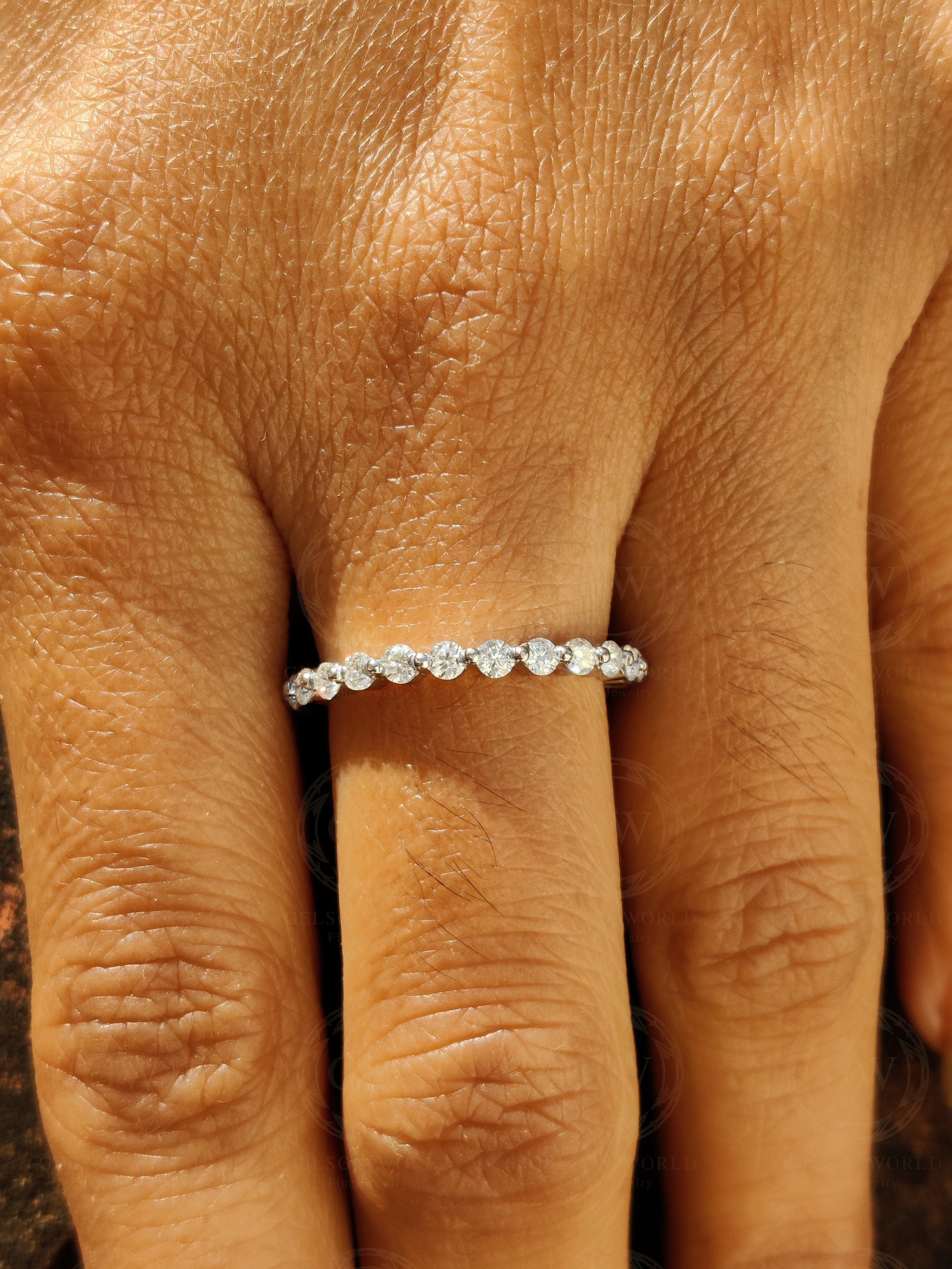 2.20 mm Wide Round Moissanite Diamond Women Stacking Wedding Band, Full Eternity Ring, Shared Prong Anniversary Ring, Matching Band