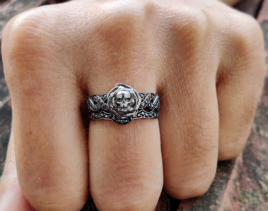 Gothic Skull Bridal Wedding Ring Sets, Moissanite Rose Floral Engagement Ring, Twisted Nature Inspired Set, Black Rhodium Plated Silver Ring