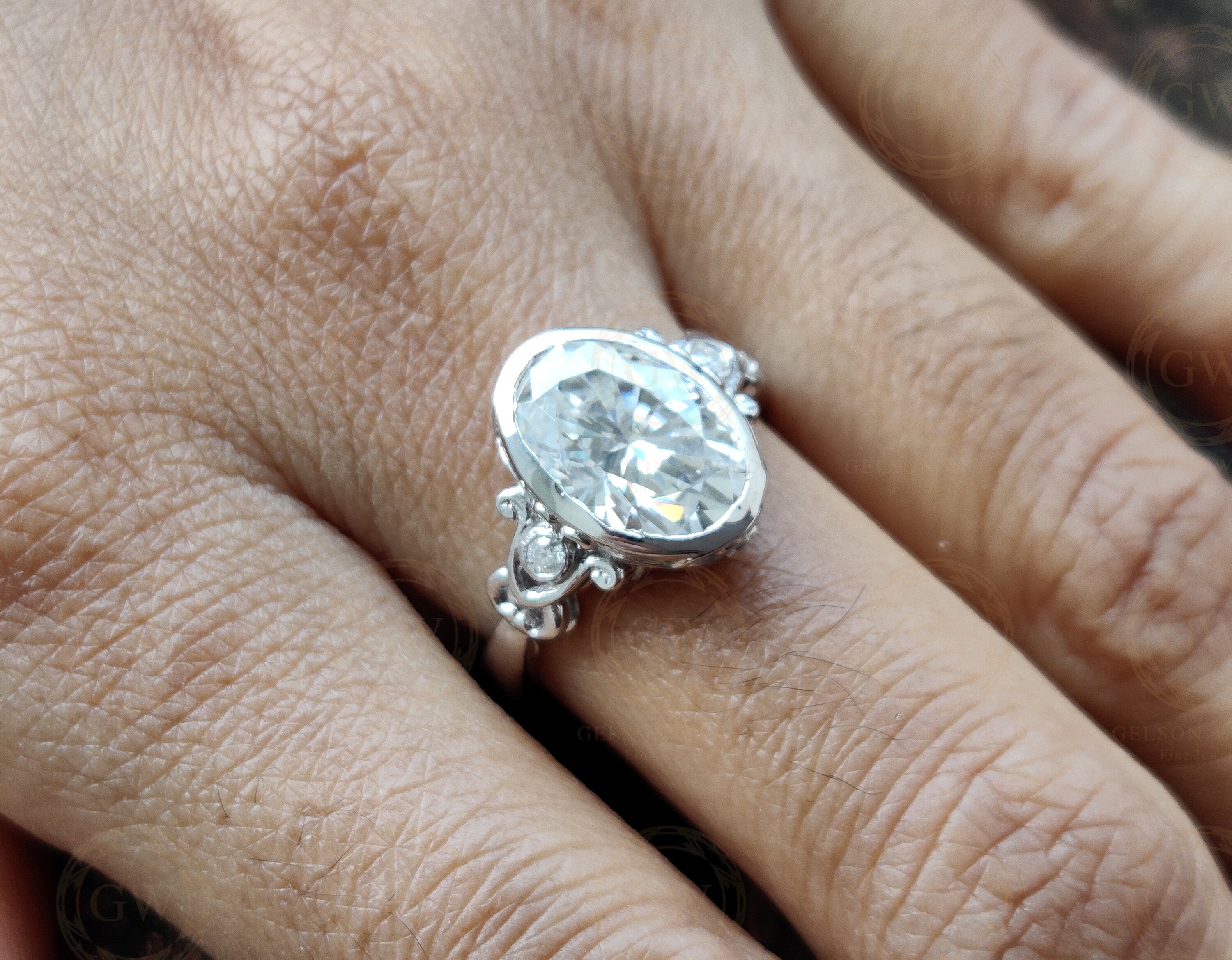 Antique Estate Bezel Moissanite Large Oval Engagement Ring In 925 Sterling Silver For Women