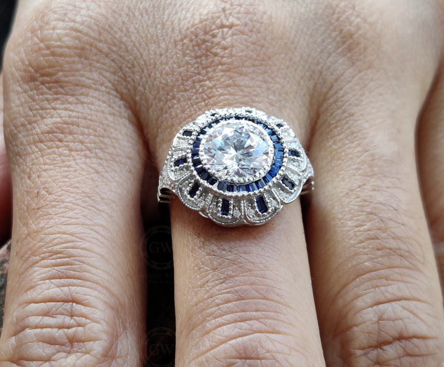 2.75 Ct Round Moissanite vintage Engagement Ring, Gemstone Art Deco Wedding Ring, Antique Sterling silver ring, Estate Women Jewelry