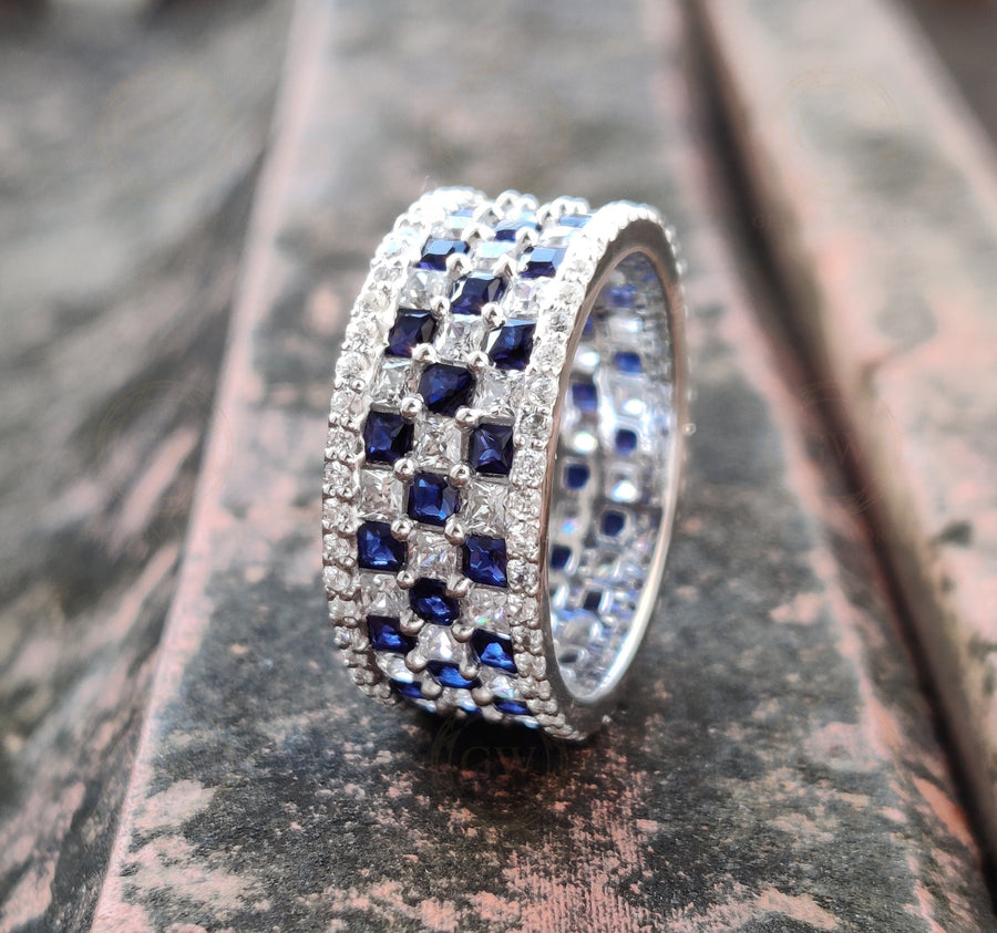 9 mm Wide Full Eternity Wedding Band, 5.20 Ct Round and Princess White & Blue Sapphire Promise Ring, Chess Pattern Stackable band ring