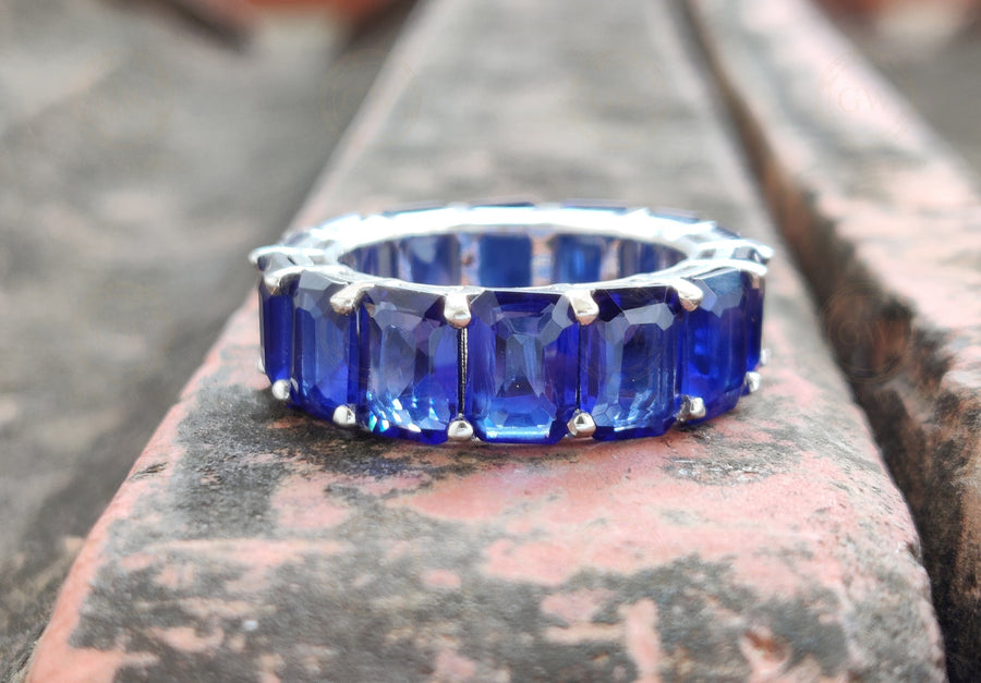 7 mm wide Blue sapphire Emerald Full Eternity Wedding Ring, Gemstone Bridal Band, Sterling silver ring, Ring for women, Blue birthstone ring