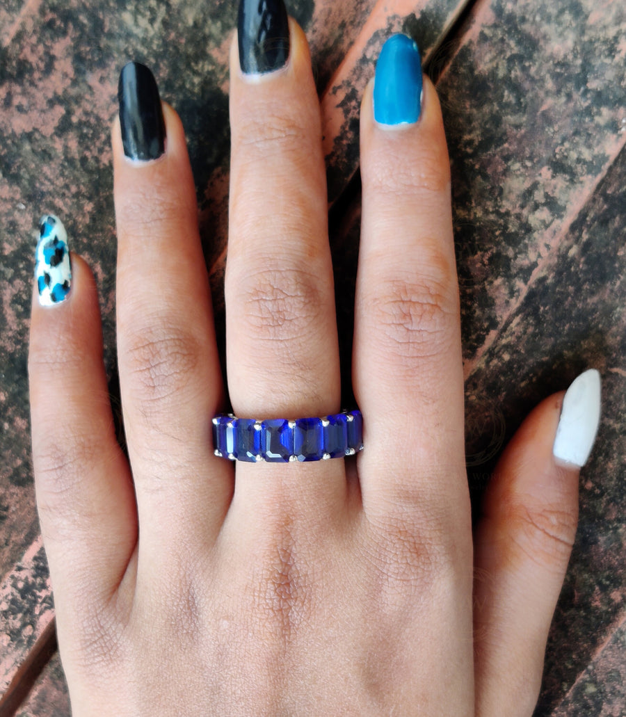 7 mm wide Blue sapphire Emerald Full Eternity Wedding Ring, Gemstone Bridal Band, Sterling silver ring, Ring for women, Blue birthstone ring