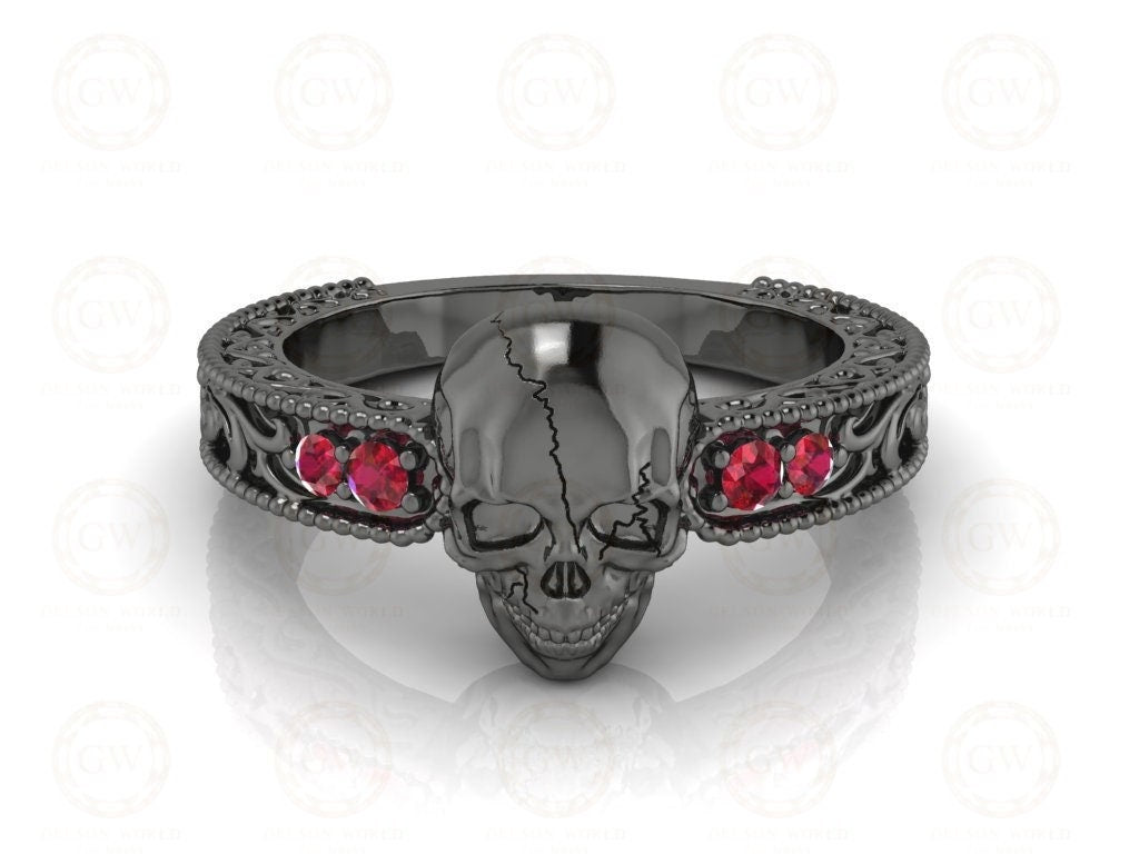 Unique Ruby Gothic Skull Vintage Engagement Ring, July Birthstone gemstone Ring, Skull Women Wedding ring, 925 Sterling Silver