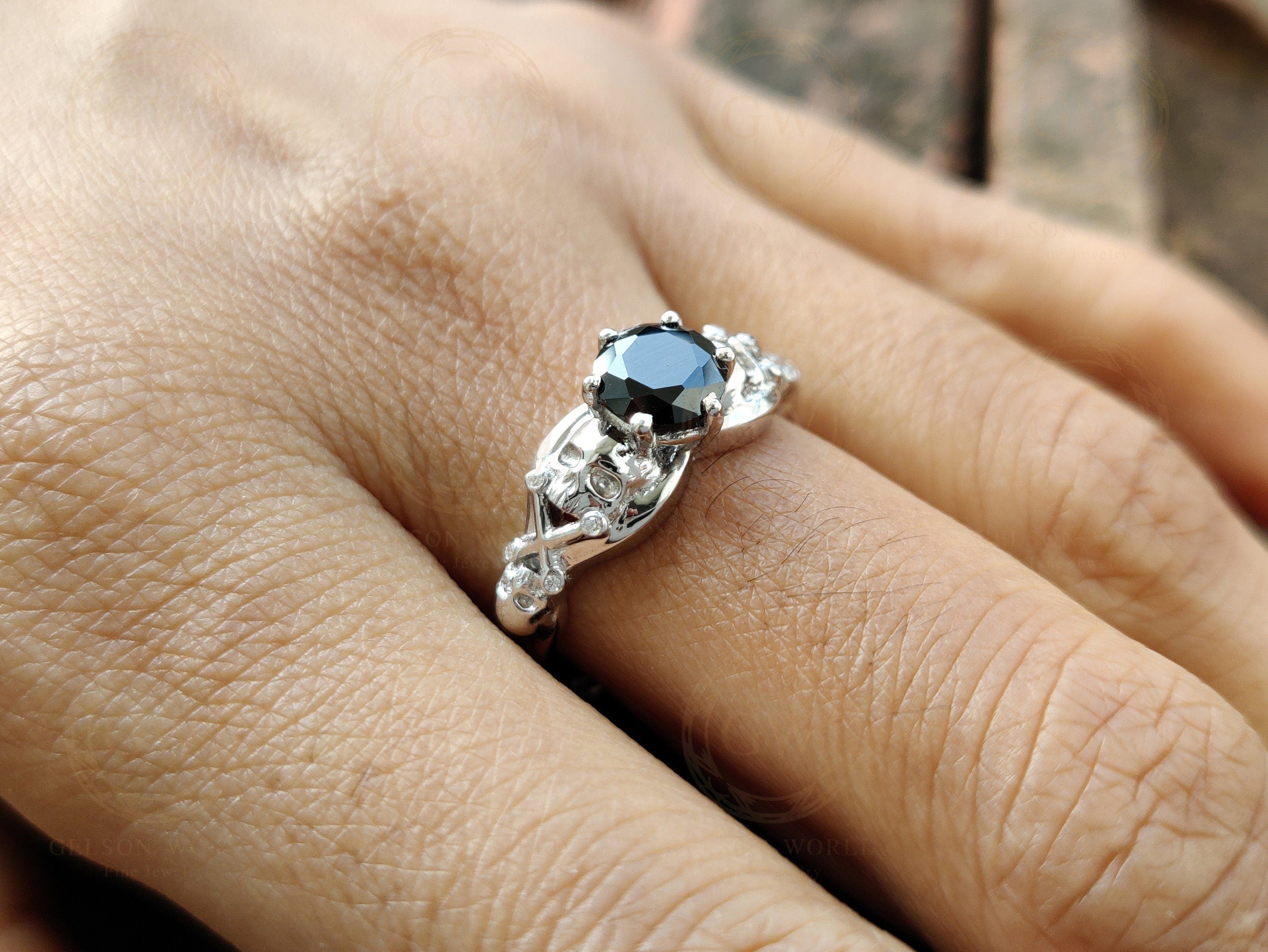 1.05 Ct Unique Skull Engagement Ring, Gothic Wedding ring, Skull women ring, 925 Sterling Silver, Round Black CZ