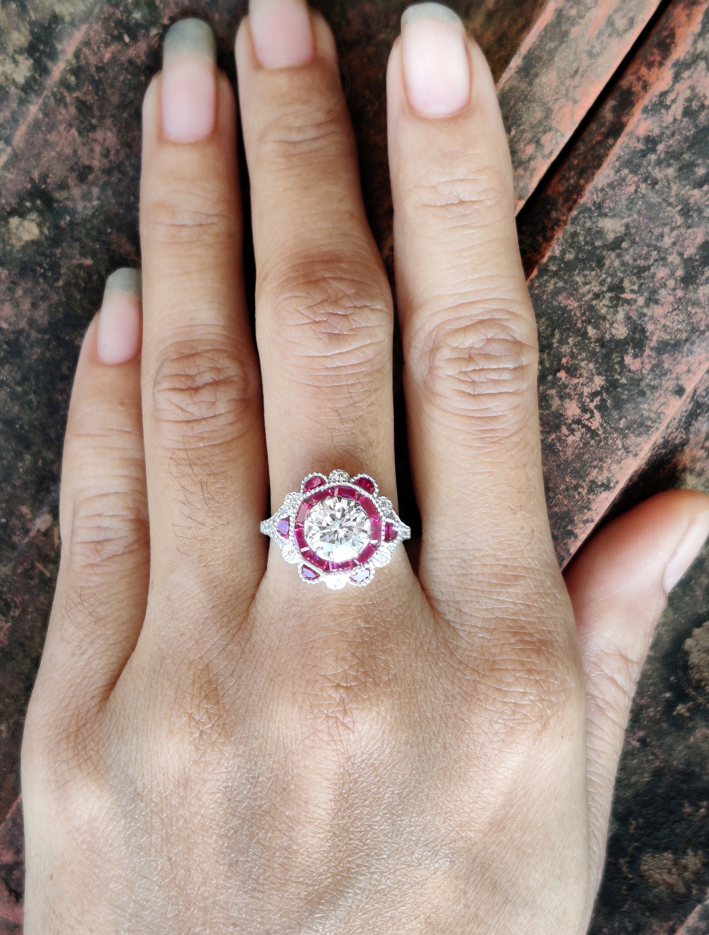3.10 Ct Round Moissanite vintage Halo Engagement Ring, Gemstone Art Deco Wedding Ring, Ruby CZ Sterling silver ring, Estate Women Jewelry