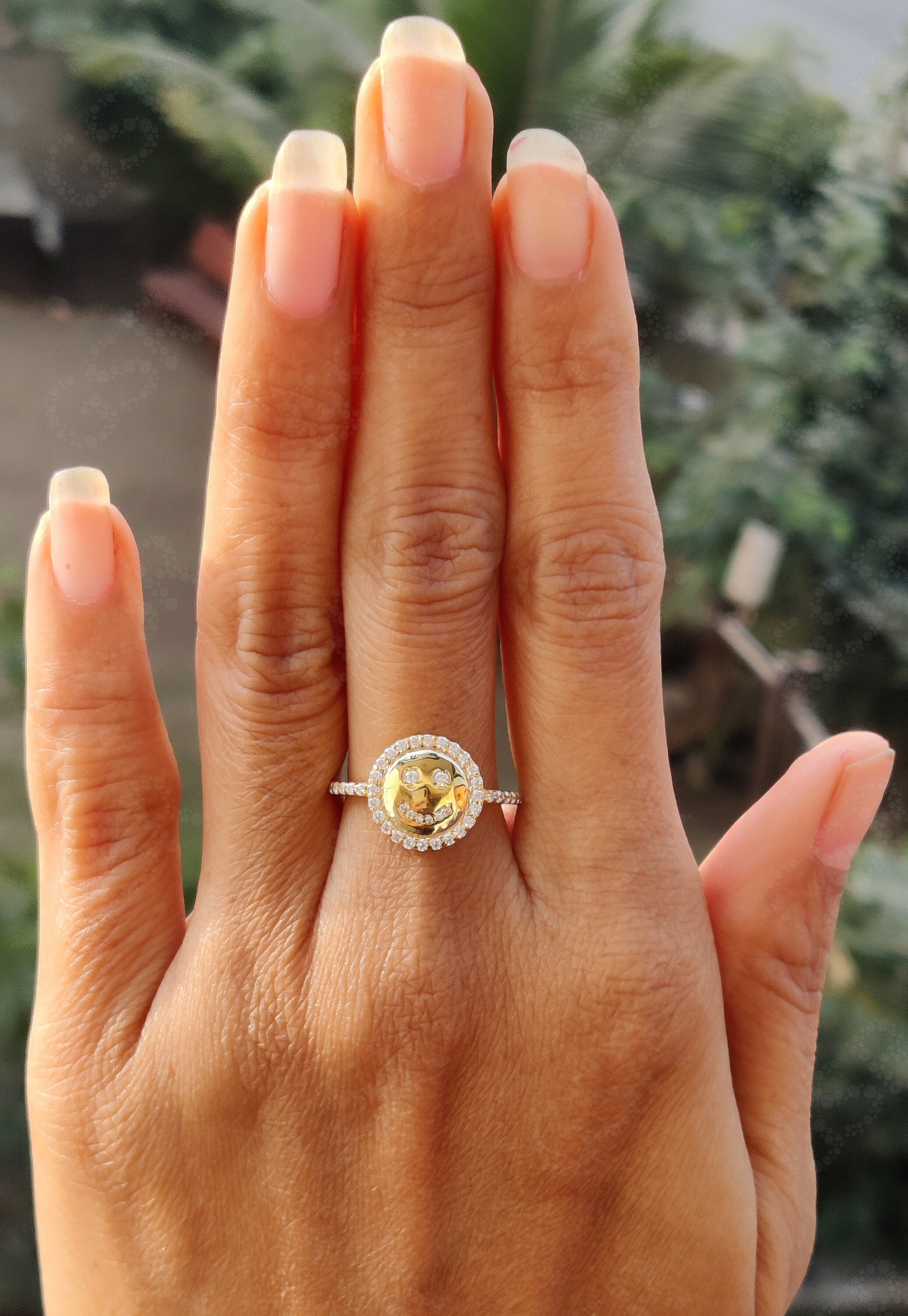 Express Your Joy: Silver and Gold Smiley Face Moissanite Ring, a Playful Stacking Ring for a Unique and Fun Look