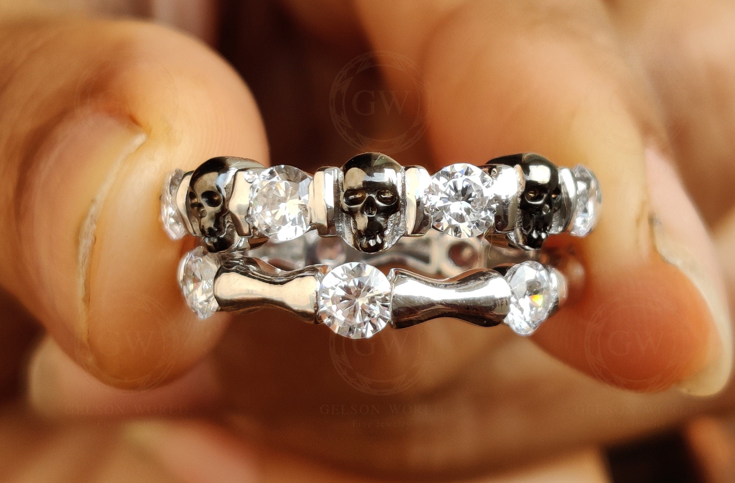 1.65 Ct Unique Gothic Bone Skull Bridal CZ Engagement Wedding Ring Set, Man Made Diamond, Sterling silver, Matching Band, Bridal Jewelry