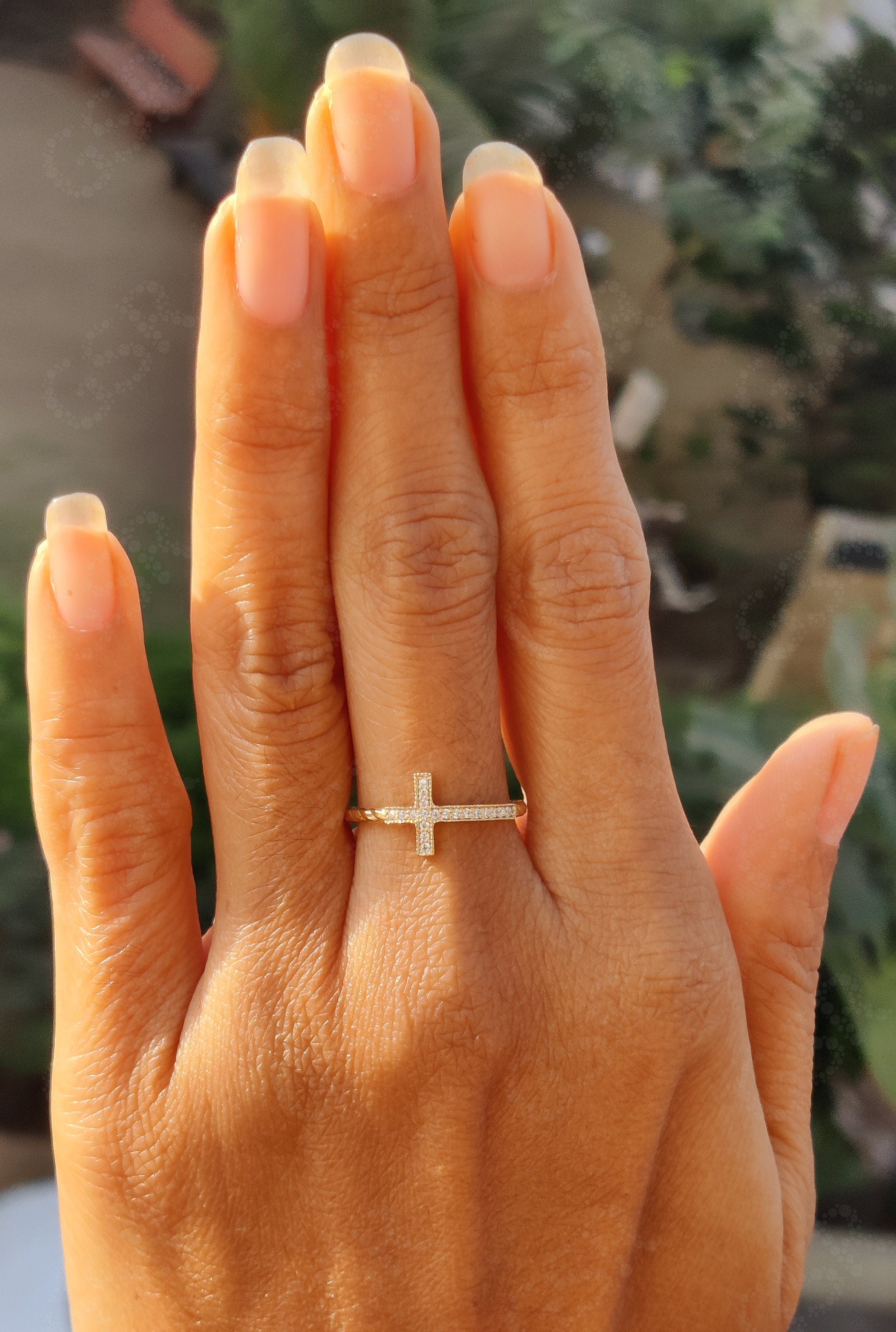 Sacred Beauty: Christian Cross Ring in Silver and Solid Gold, a Sideways Religious Ring with Cable Twists and Round Moissanite