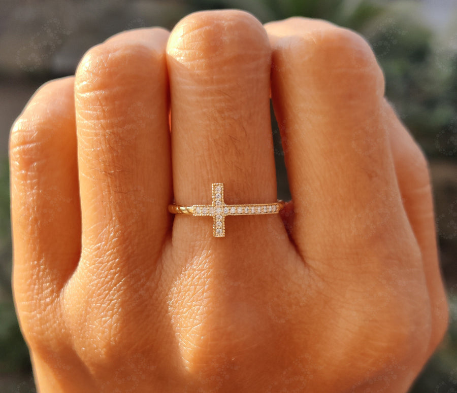 Sacred Beauty: Christian Cross Ring in Silver and Solid Gold, a Sideways Religious Ring with Cable Twists and Round Moissanite