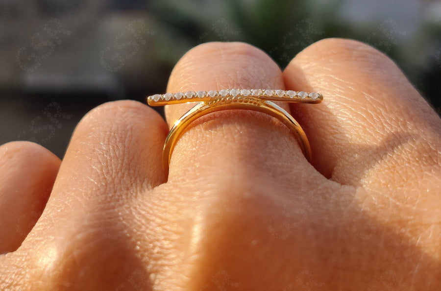 Elegant Line Horizontal Bar Ring - Silver and Solid Gold Moissanite Beauty - Unique Minimal Jewelry, a Dainty Minimalist Stackable Ring