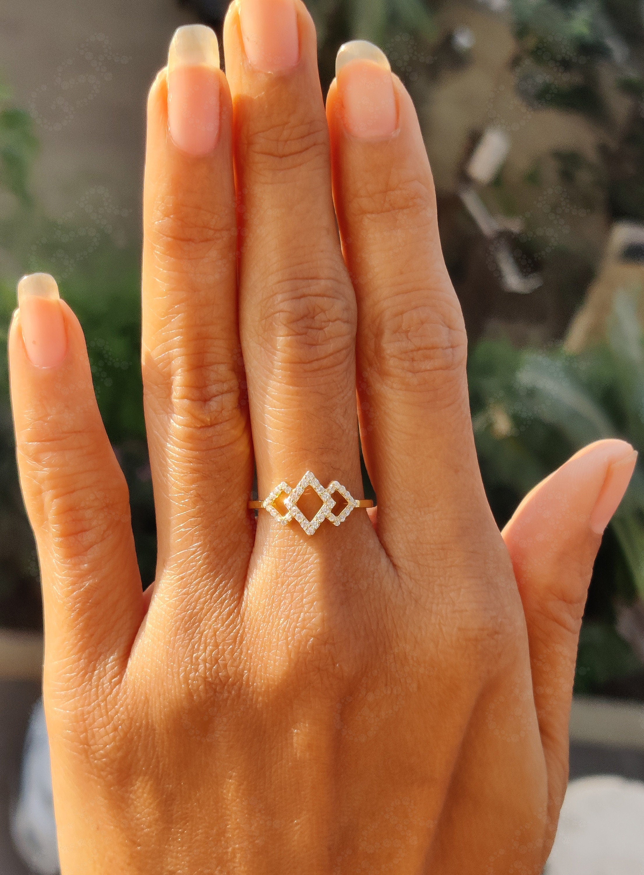 Geometric Glamour: Silver and Solid Gold Moissanite Ring, a Unique Bridal Jewelry Piece and Dainty Minimalist Stackable Delight for Women
