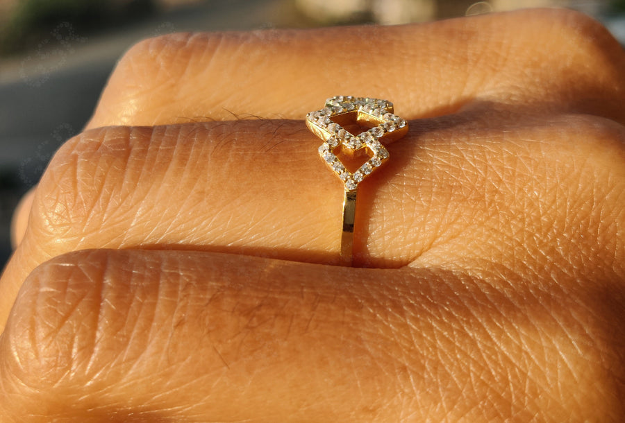 Geometric Glamour: Silver and Solid Gold Moissanite Ring, a Unique Bridal Jewelry Piece and Dainty Minimalist Stackable Delight for Women