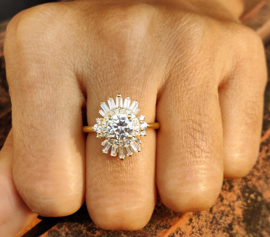 2 Ct 14K Gold Art deco Cluster Round & Baguette Moissanite Halo Engagement Ring, Starburst Wedding Ring, Rings for Women