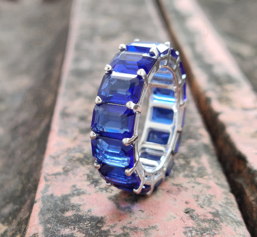 7 mm wide Blue sapphire Emerald Full Eternity Wedding Ring, Gemstone Bridal Band, Sterling silver ring, Ring for women, Blue birthstone ring