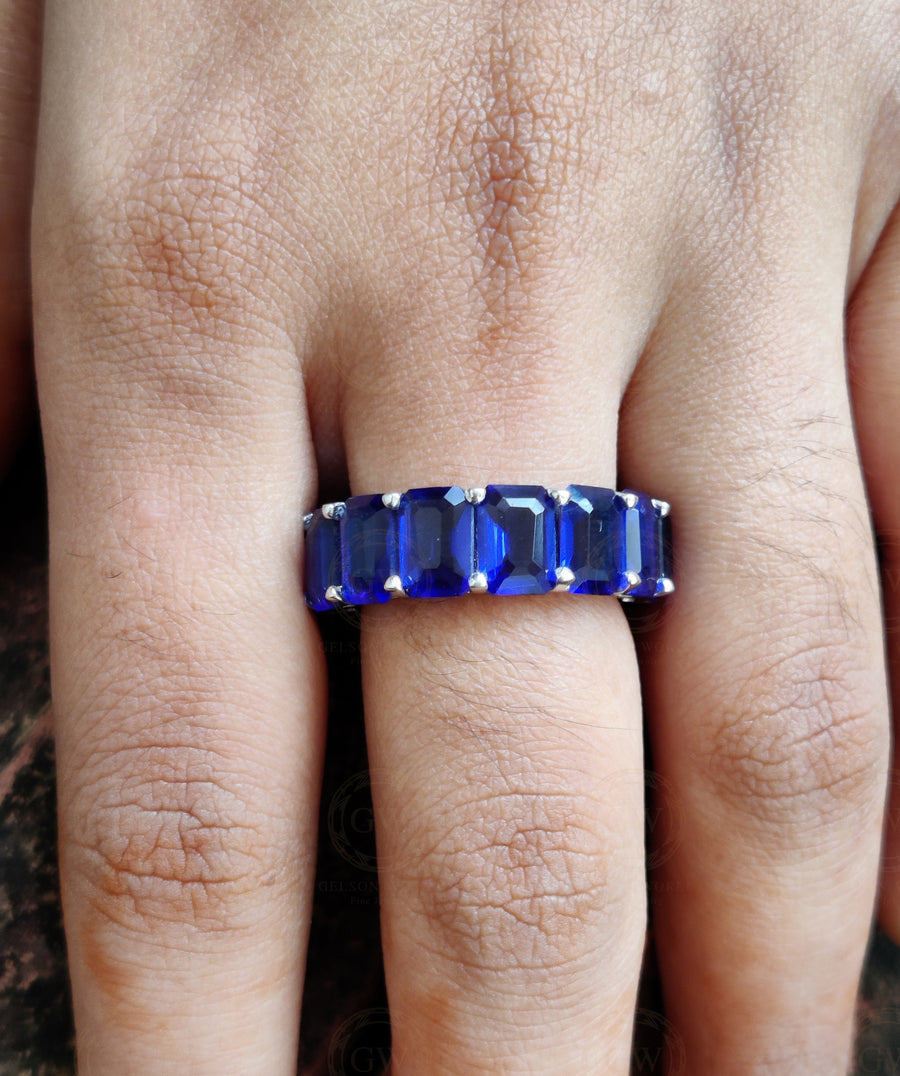 7 mm wide Blue sapphire Emerald Full Eternity Wedding Ring, Gemstone Bridal Band, Sterling silver ring, Ring for women, Blue birthstone ring